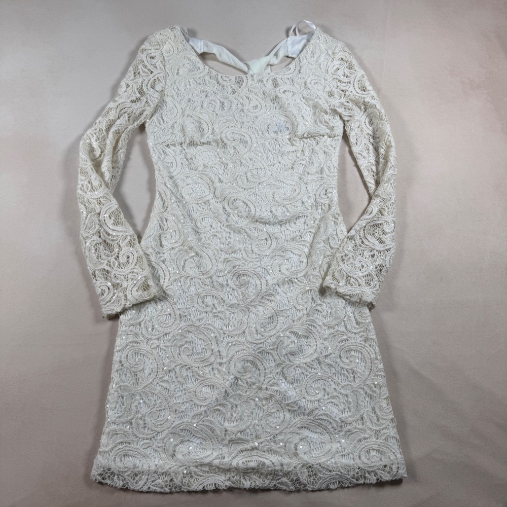 B. Darlin Lace Dress Women 11/12 Ivory Long Sleeve Sequin Open Back Bodycon